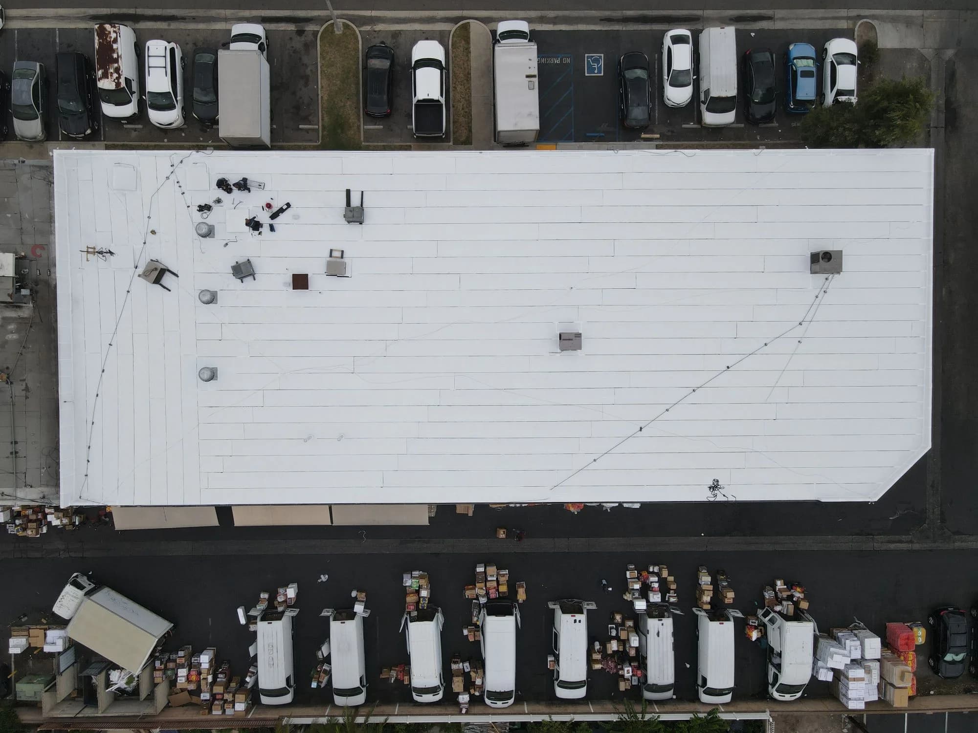 Aerial view of a commercial flat roof project