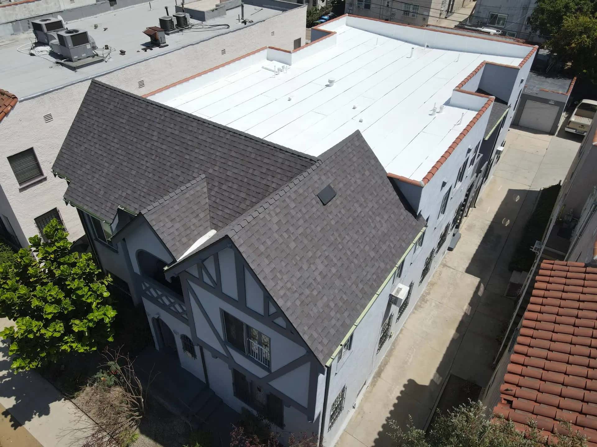 Shingle roofs on a multi-family building