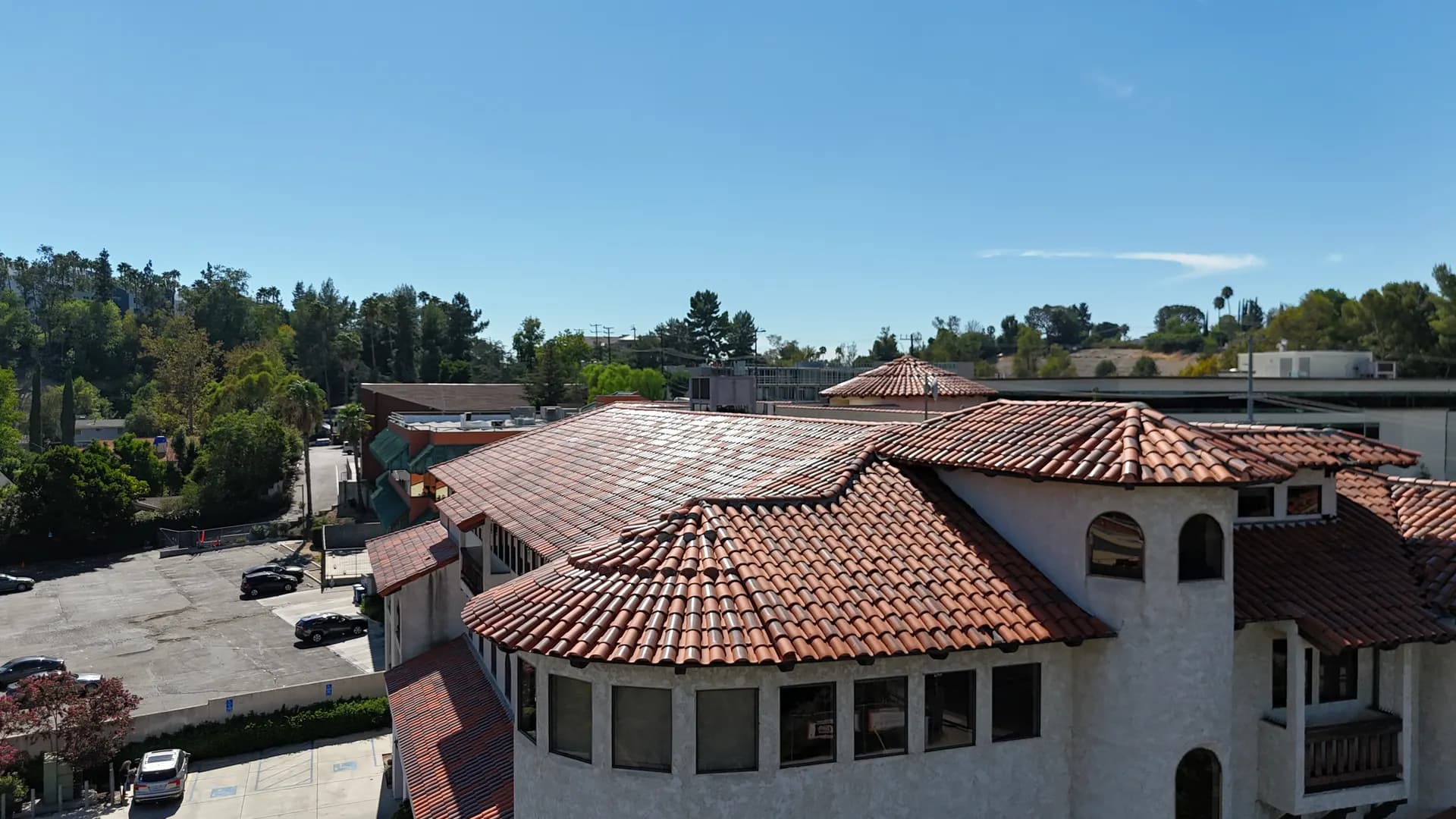 Aerial view of a tile roof replacement project